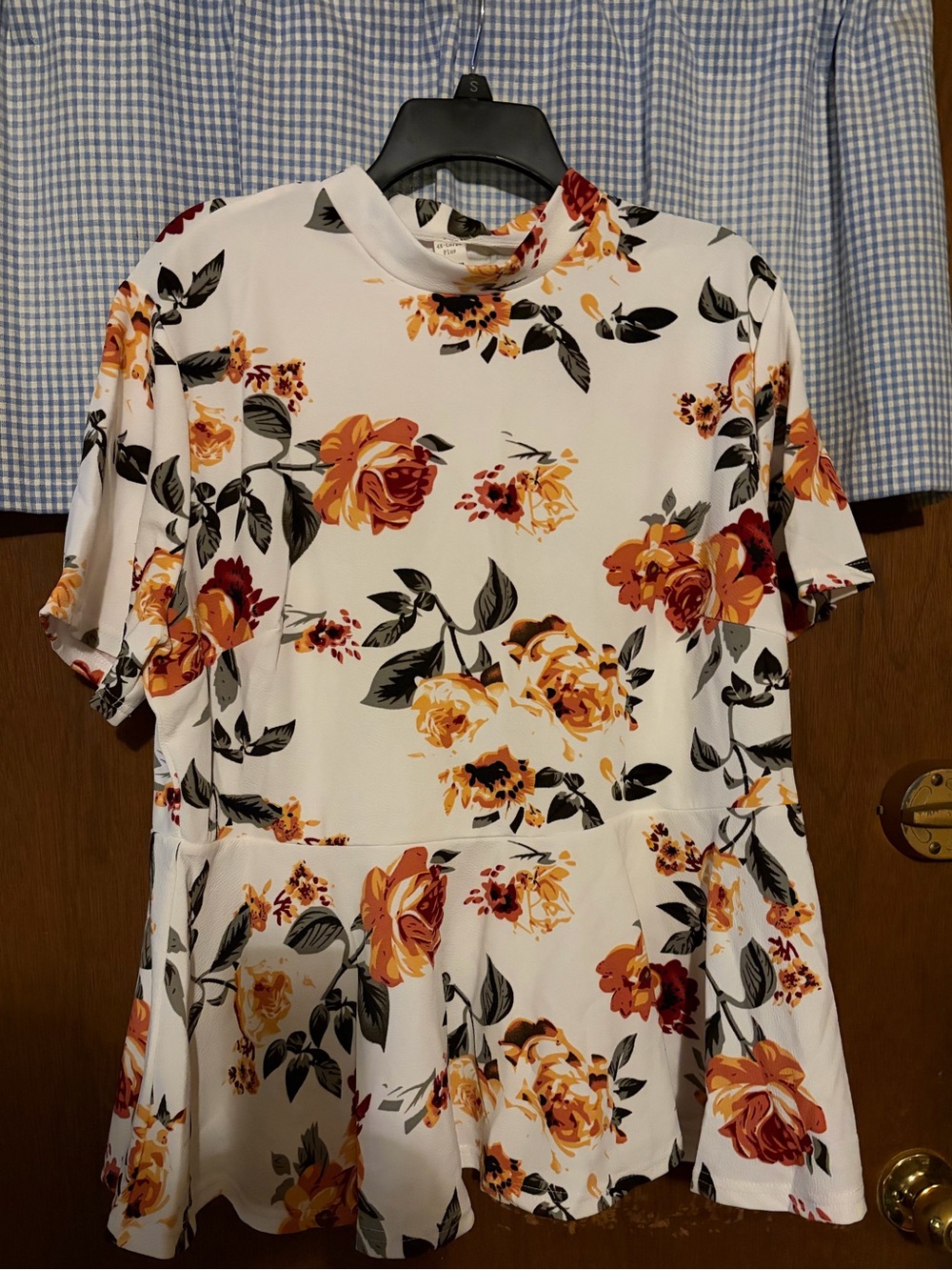 Floral Peplum Short Sleeve Top - White with Orange Floral